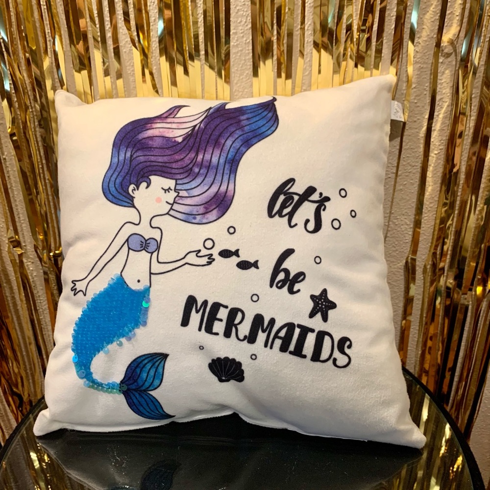 Let’s be Mermaids square decorative pillow with sequins